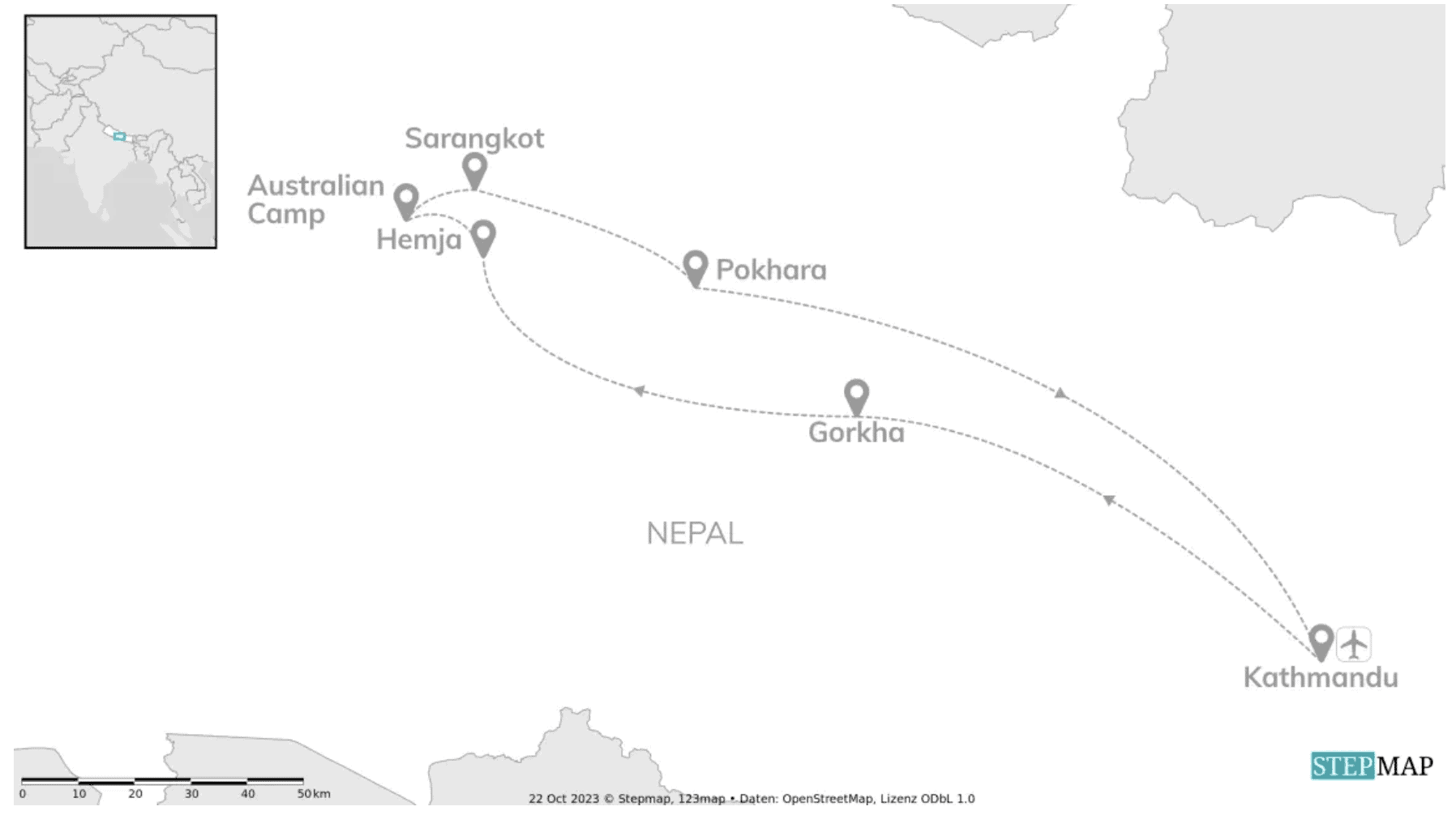 Nepal Rundreise Route